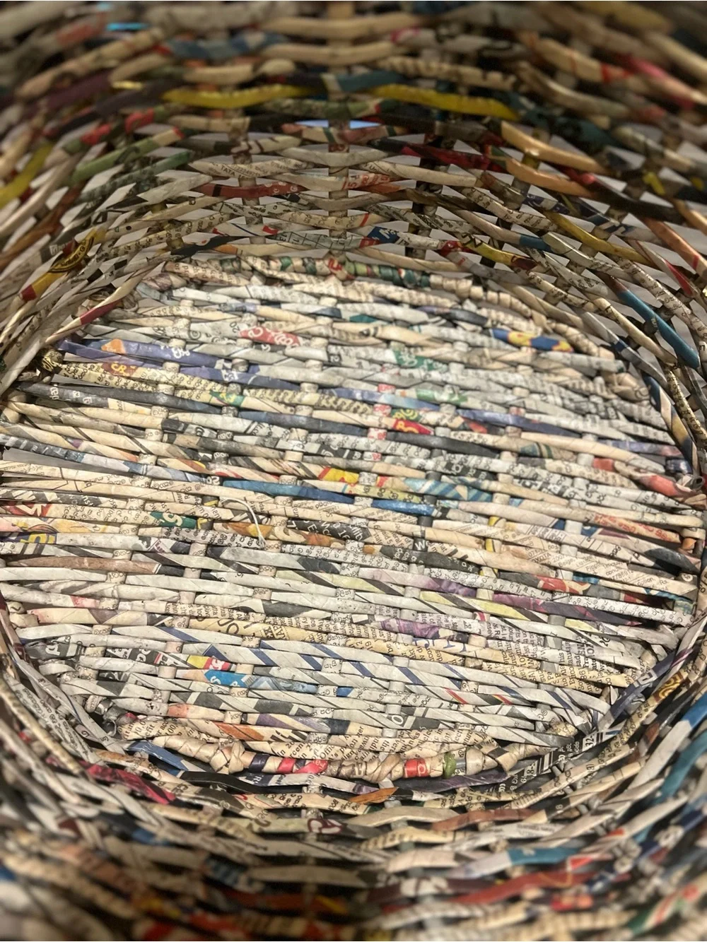Vintage Handwoven Recycled Newspaper Basket with Handles -Boho Eco-Friendly